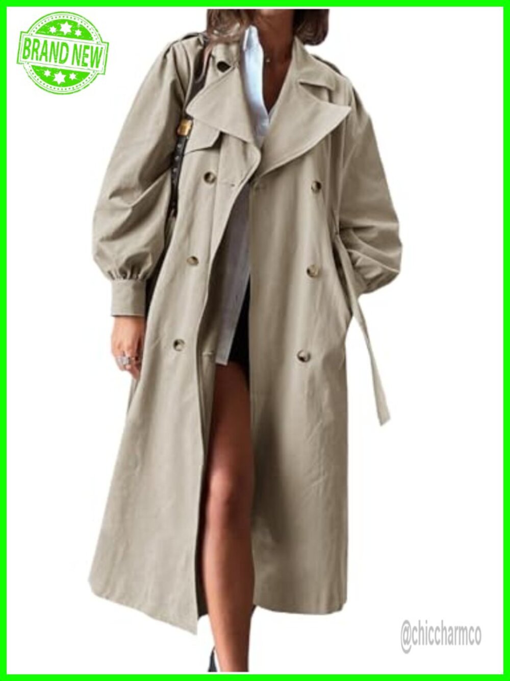Long Trench Coat Puff Sleeve Double Breasted Belted Overcoat